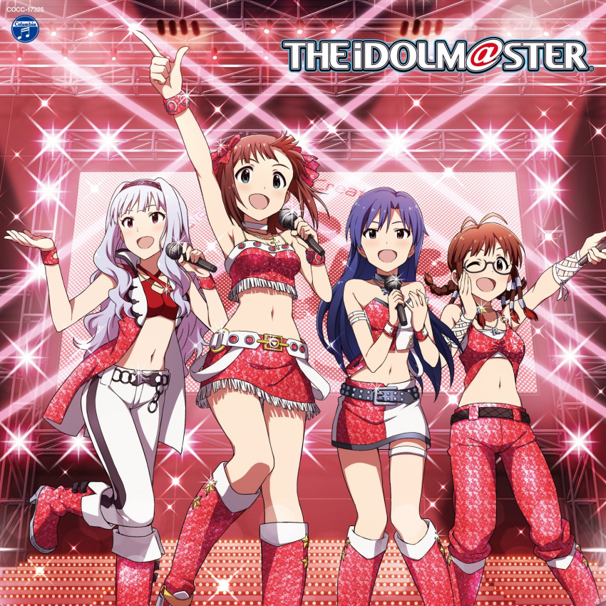 4girls ;d akizuki_ritsuko amami_haruka antenna_hair arm_up armpits belt black-framed_eyewear blue_hair boots braid breasts brown_eyes brown_hair cleavage copyright_name crop_top disc_cover from_below green_eyes hair_ribbon hairband highres holding holding_microphone idol idolmaster index_finger_raised jewelry kisaragi_chihaya knee_boots long_hair medium_breasts microphone midriff miniskirt multiple_girls navel necklace one_eye_closed one_leg_raised open_mouth pants purple_hairband red_boots red_pants red_ribbon red_skirt ribbon shijou_takane silver_hair skirt smile sparkle stage standing standing_on_one_leg stomach strapless thigh_strap very_long_hair white_pants white_ribbon wrist_cuffs wrist_ribbon