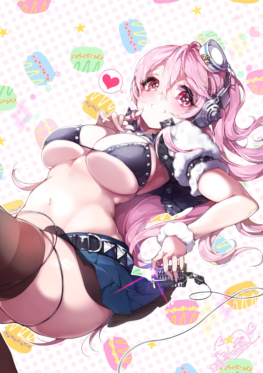 1girl absurdres bikini_top blush breasts cleavage headphones heart heart-shaped_pupils highres kanola_u large_breasts long_hair looking_at_viewer microphone midriff nitroplus open_mouth pink_eyes pink_hair skindentation solo super_sonico symbol-shaped_pupils thigh-highs vintage_microphone