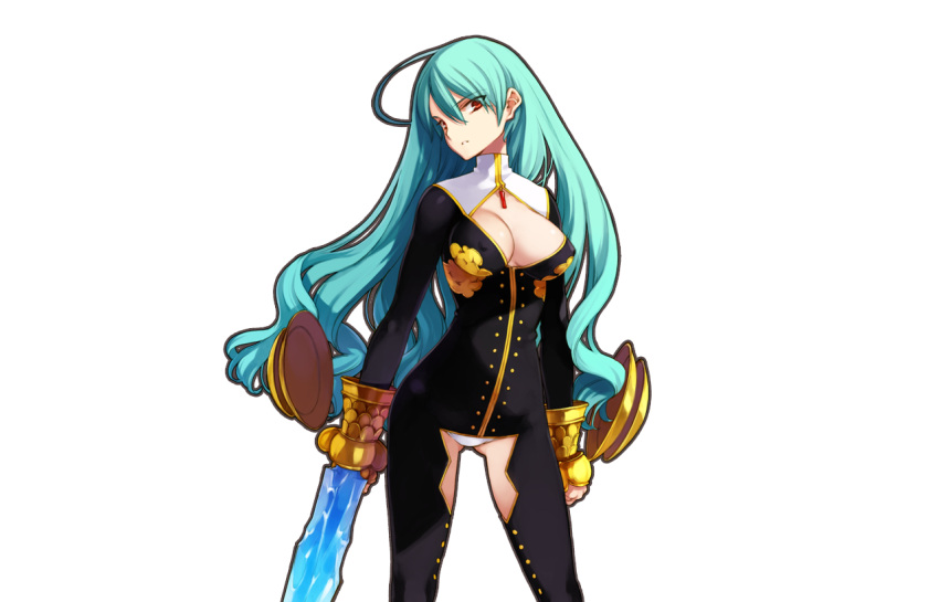 1girl ahoge blue_hair breasts cowboy_shot eiyuu_senki erect_nipples gauntlets holding holding_weapon large_breasts long_hair looking_at_viewer no_bra ooyari_ashito red_eyes siegfried_(eiyuu_senki) solo transparent_background weapon white_legwear