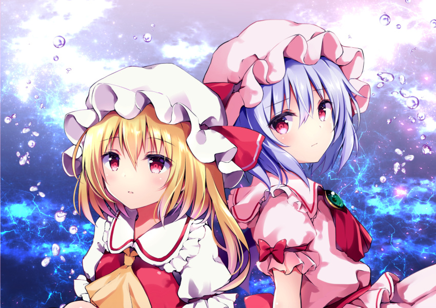 ascot bat_wings blonde_hair blue_hair brooch eyebrows_visible_through_hair flandre_scarlet hat hat_ribbon highres hyurasan jewelry looking_at_viewer mob_cap pink_hat puffy_short_sleeves puffy_sleeves red_eyes red_ribbon remilia_scarlet ribbon short_sleeves siblings sisters skirt skirt_set tareme touhou upper_body vest white_hat wings