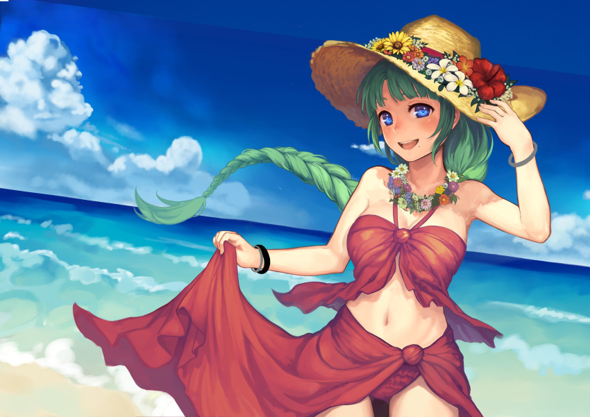 1girl \||/ absurdres bare_shoulders beach bikini blue_eyes blue_sky bracelet braid clouds flower flower_necklace green_hair hand_to_hat hat hat_flower hatomugi_seika highres jewelry long_hair looking_at_viewer mole mole_under_mouth navel necklace ocean original red_bikini sarong sarong_lift shoulderless sky smile solo sun_hat swimsuit very_long_hair waves