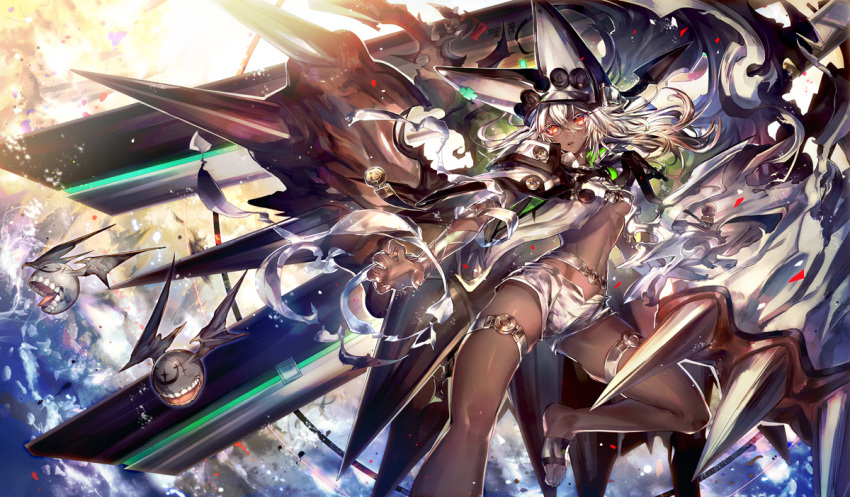 1girl :o belt breasts claw_pose dark_skin dual_wielding expressionless familiar feet fighting_stance flying guilty_gear guilty_gear_xrd hair_between_eyes hat huge_sword leg_up long_hair orange_eyes oro_(sumakaita) parted_lips platinum_blonde ramlethal_valentine shorts solo teeth thigh_strap toes under_boob vambraces wings