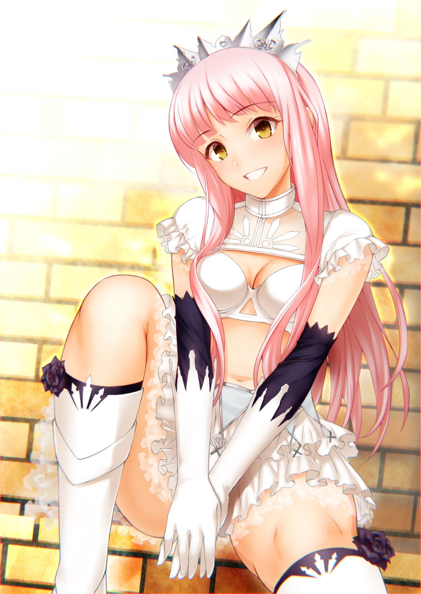1girl absurdres bangs blunt_bangs blush boots bra breasts cleavage cowboy_shot emanon123 fate/grand_order fate_(series) gloves grin highres long_hair looking_at_viewer medb_(fate/grand_order) medium_breasts navel petticoat pink_hair skirt smile solo tiara underwear v_arms white_boots white_bra white_gloves white_skirt yellow_eyes