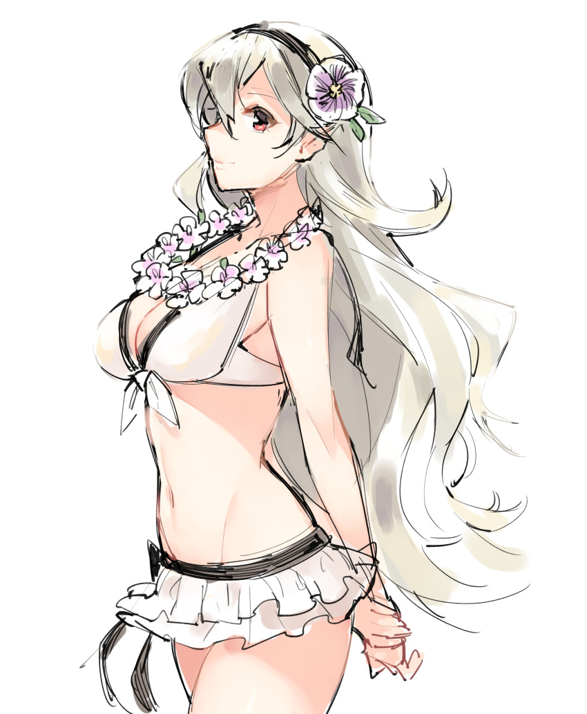 1girl absurdres arms_behind_back bikini bikini_skirt bikini_tan breasts cleavage female_my_unit_(fire_emblem_if) fire_emblem fire_emblem_heroes fire_emblem_if flower flower_necklace front-tie_bikini front-tie_top gebyy-terar hair_flower hair_ornament hairband highres jewelry long_hair medium_breasts my_unit_(fire_emblem_if) navel necklace pointy_ears red_eyes simple_background sketch smile solo swimsuit tan tanline white_background white_bikini white_hair