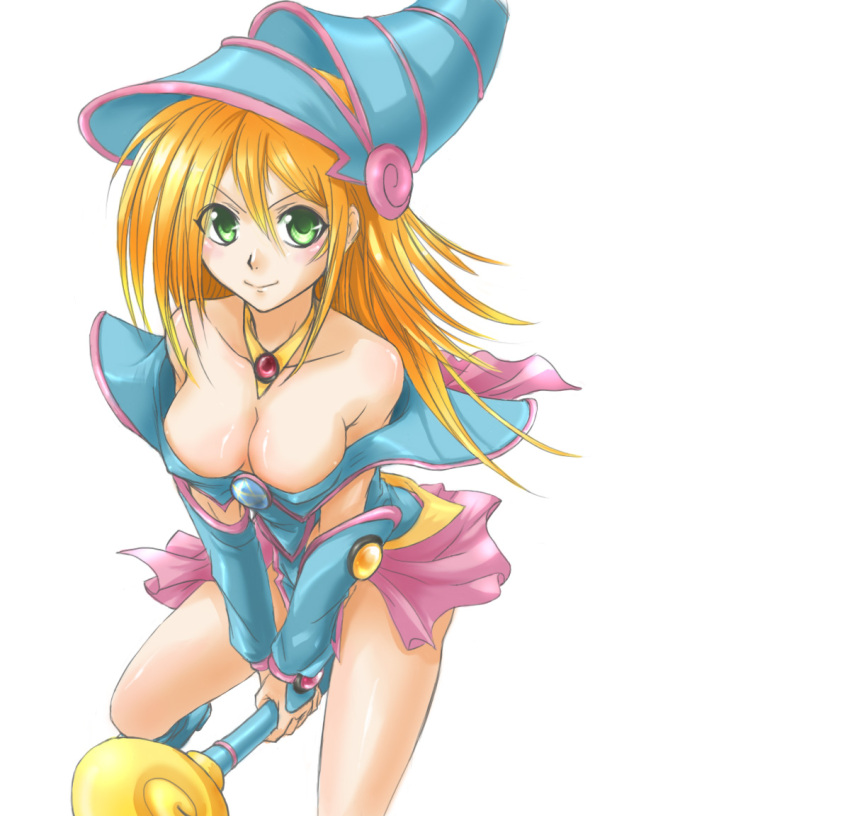 &gt;:) 1girl bare_shoulders blonde_hair blue_boots blush boots breasts choker cleavage closed_mouth collarbone dark_magician_girl duel_monster from_above green_eyes hair_between_eyes hat large_breasts long_hair looking_at_viewer looking_up pentacle simple_background solo staff tenjou_tsuki v_arms white_background wizard_hat yu-gi-oh!