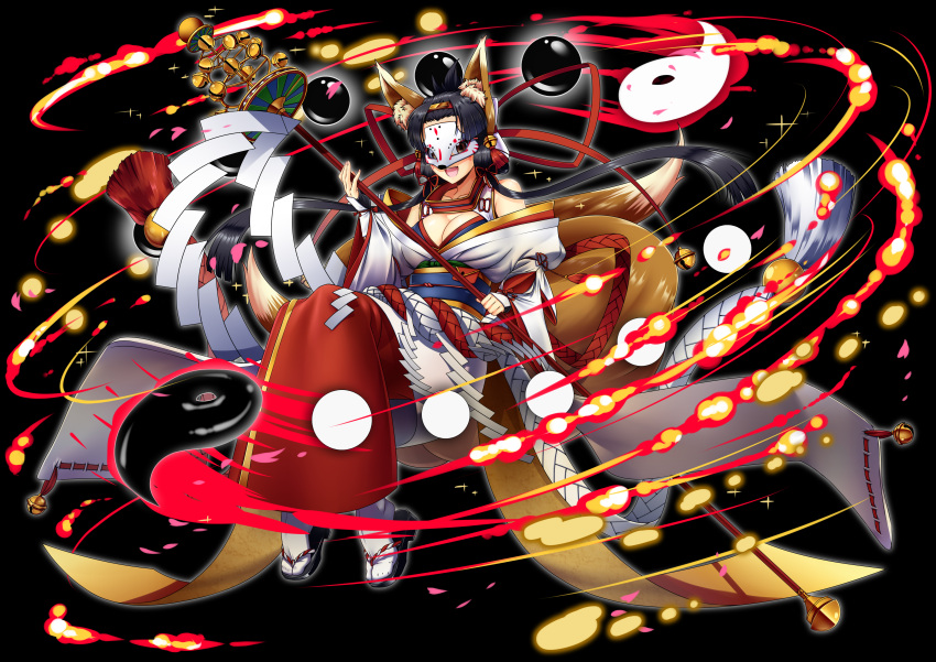1girl :d absurdres animal_ears bangs_pinned_back bare_shoulders belt black_hair breasts brown_hair cleavage commentary_request fire flame fox_ears fox_girl fox_mask fox_tail full_body highres holding holding_staff japanese_clothes kagiyama_(gen'ei_no_hasha) kimono large_breasts long_hair mask miko obi off_shoulder omamori open_mouth original sandals sash smile solo staff tabi tail yin_yang