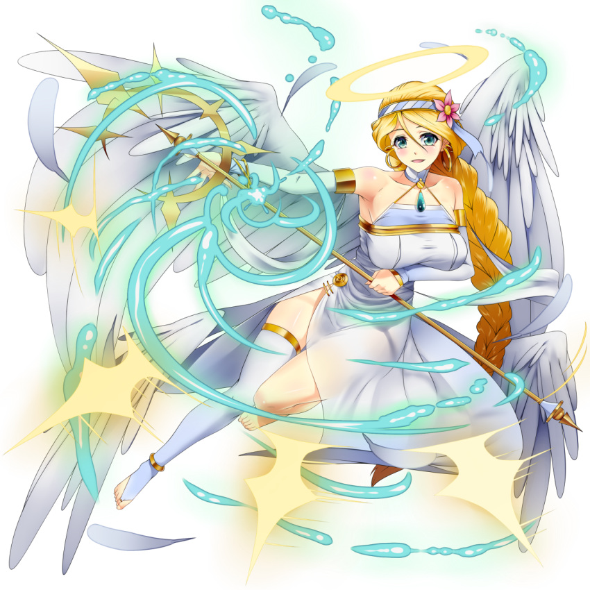 1girl angel angel_wings bare_shoulders barefoot blonde_hair blush braid breasts commentary_request detached_sleeves dress feathered_wings flower full_body gem green_eyes hair_flower hair_ornament hairband halo highres holding holding_spear holding_weapon jewelry kagiyama_(gen'ei_no_hasha) large_breasts long_braid long_hair looking_at_viewer magic necklace open_mouth original polearm simple_background single_thighhigh skindentation smile solo spear thigh-highs tokyo_tenma very_long_hair weapon white_background white_dress white_legwear white_sleeves wings