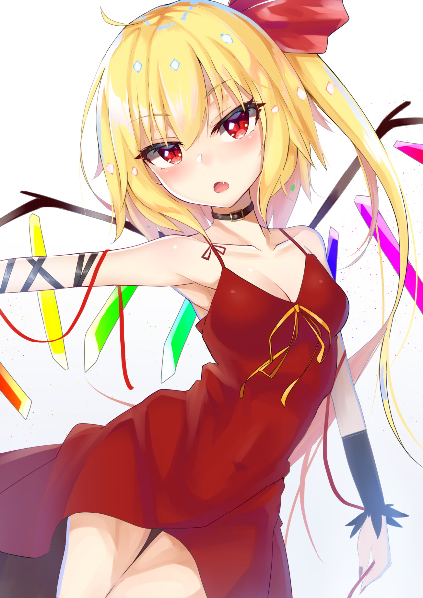 1girl absurdres alternate_costume bare_shoulders blonde_hair blush bow choker dress fang flandre_scarlet gem hair_bow highres long_hair looking_at_viewer nail_polish open_mouth red_bow red_dress red_eyes red_nails side_ponytail solo tohochang touhou very_long_hair wings