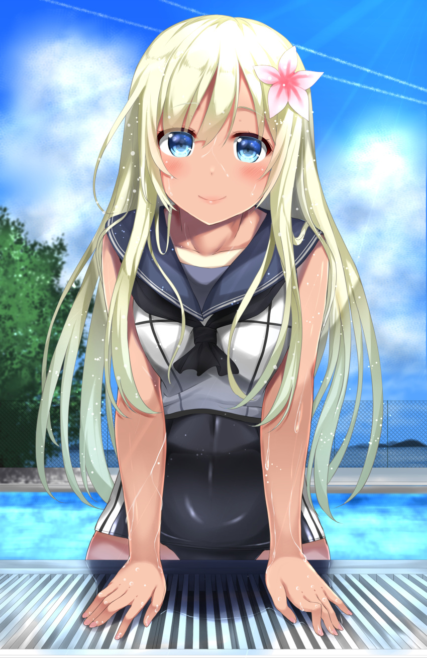 1girl absurdres blonde_hair blue_eyes blue_sky clouds crop_top flower hair_flower hair_ornament highres kantai_collection kinakomochi_(egoist) lips looking_at_viewer one-piece_swimsuit one-piece_tan pool poolside ro-500_(kantai_collection) sailor_collar school_swimsuit school_uniform serafuku sky smile swimsuit swimsuit_under_clothes tan tanline tree