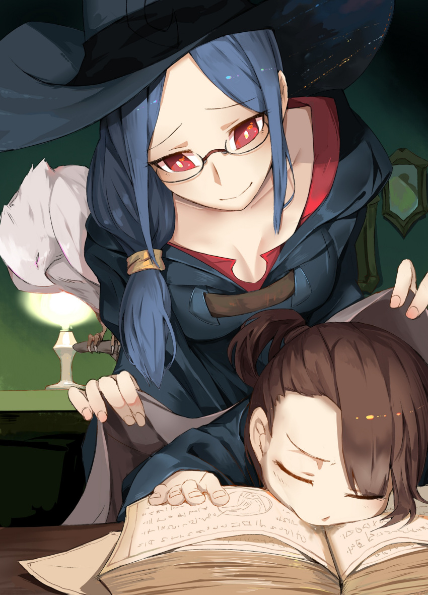 2girls bk209 blue_hair book breasts brown_hair closed_eyes glasses hat highres kagari_atsuko lamp little_witch_academia long_hair multiple_girls red_eyes sleeping smile ursula_charistes witch witch_hat