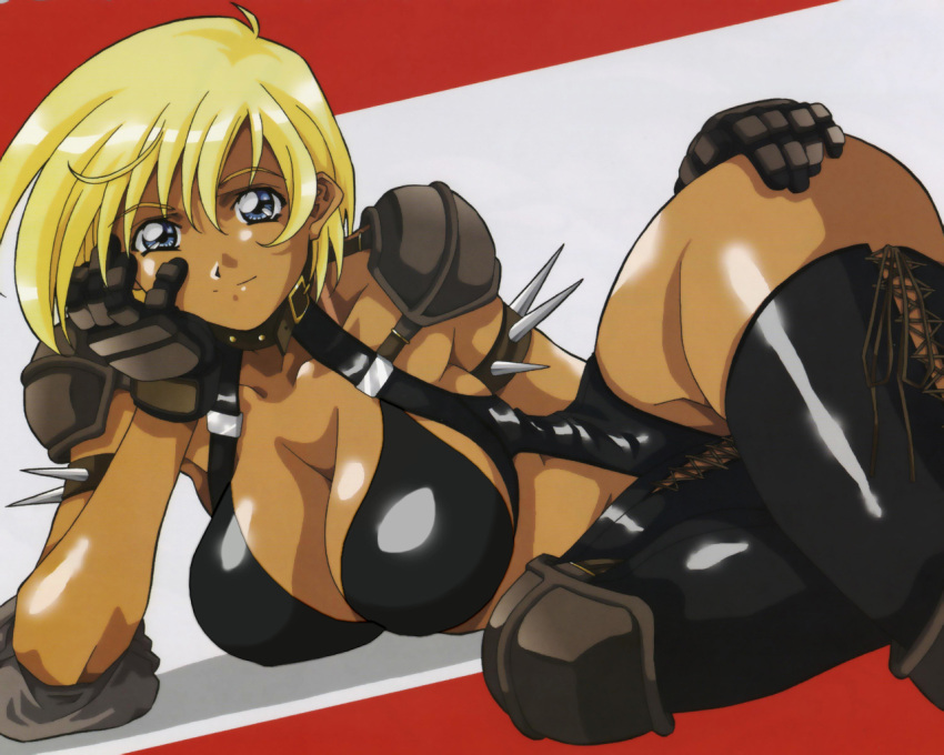 armor blonde_hair blue_eyes boots gloves leather leather_armor spikes tan tanline thigh_highs virtual_angels