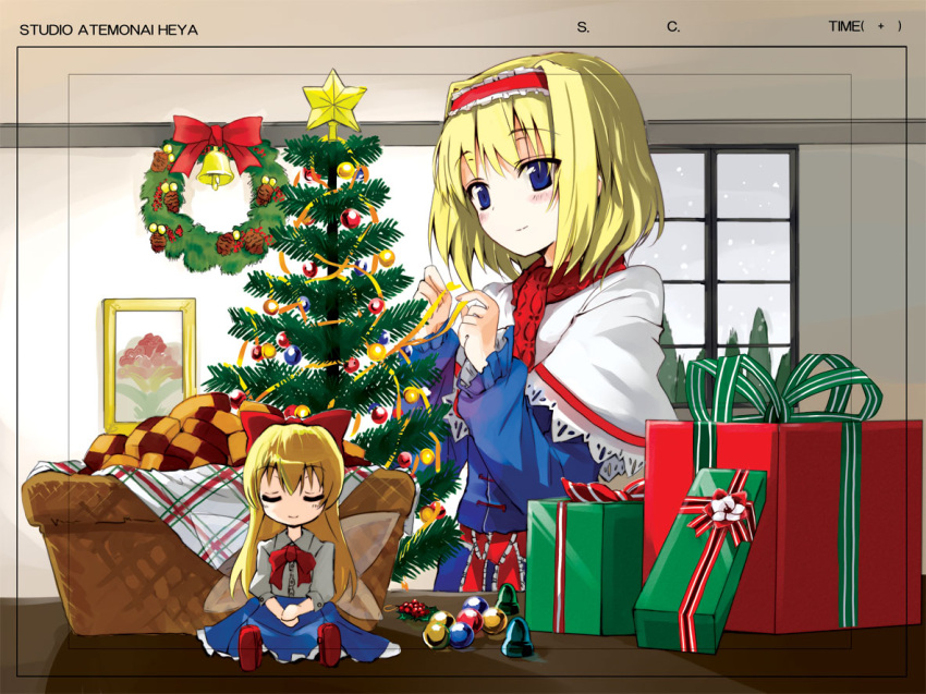 basket bell blonde_hair blue_eyes blush bow bowtie christmas christmas_ornaments christmas_tree closed_eyes cookie cookies doll food gift gochou_(comedia80) hair_bow hairband long_hair picture ribbon ribbons scarf shanghai shanghai_doll sitting skirt smile snow star touhou window wings winter wreath