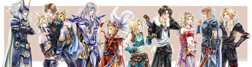 armor bandana belt butz_klauser cape card cecil_harvey circlet cloud_strife detached_sleeves dissidia_final_fantasy everyone final_fantasy final_fantasy_i final_fantasy_ii final_fantasy_iii final_fantasy_iv final_fantasy_ix final_fantasy_v final_fantasy_vi final_fantasy_vii final_fantasy_viii final_fantasy_x fingerless_gloves frioniel gloves guernica hair_ribbon helmet highres holding holding_card jacket jewelry kanou long_image mog moogle necklace onion_knight paladin pantyhose playstation_2 ribbon shield shoulder_pads squall_leonhart sword thigh-highs thighhighs tidus tina_branford warrior_of_light weapon wide_image zidane_tribal