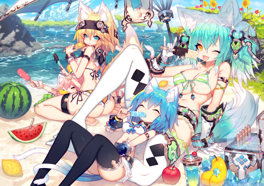 4girls animal_ears apple aqua_hair arm_strap beach bikini bikini_top blonde_hair blue_eyes blue_hair cat_ears cat_tail closed_eyes clouds cutoffs eating food fruit gloves gradient_hair headgear ice_box kneeling lemon looking_at_viewer mamuru mouth_hold multicolored_hair multiple_girls multiple_tails nekomata ocean one_eye_closed original outdoors pink_hair popsicle sitting swimsuit tail thigh-highs thigh_strap two_tails water watermelon yellow_eyes