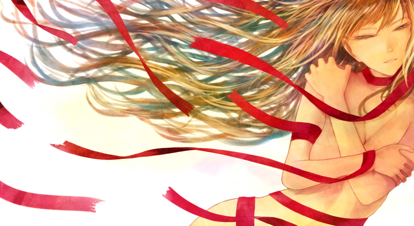 &gt;_&lt; 1girl blonde_hair bound breasts closed_eyes commentary_request long_hair medium_breasts nude original parted_lips red_string sakimori_(hououbds) self_hug simple_background solo string upper_body white_background