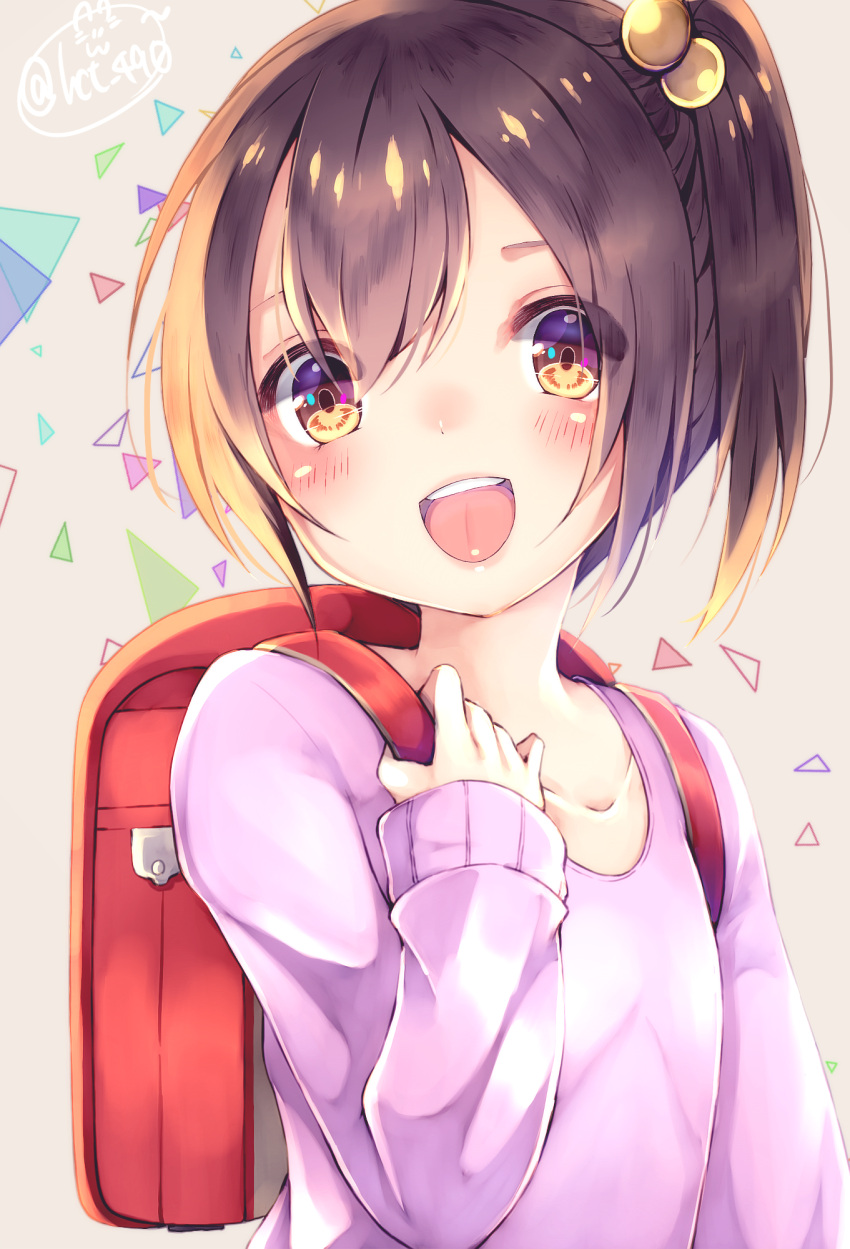 1girl backpack bag blush brown_eyes brown_hair chita_(ketchup) collarbone highres long_sleeves looking_at_viewer open_mouth original short_hair short_ponytail side_ponytail smile solo teeth twitter_username upper_body