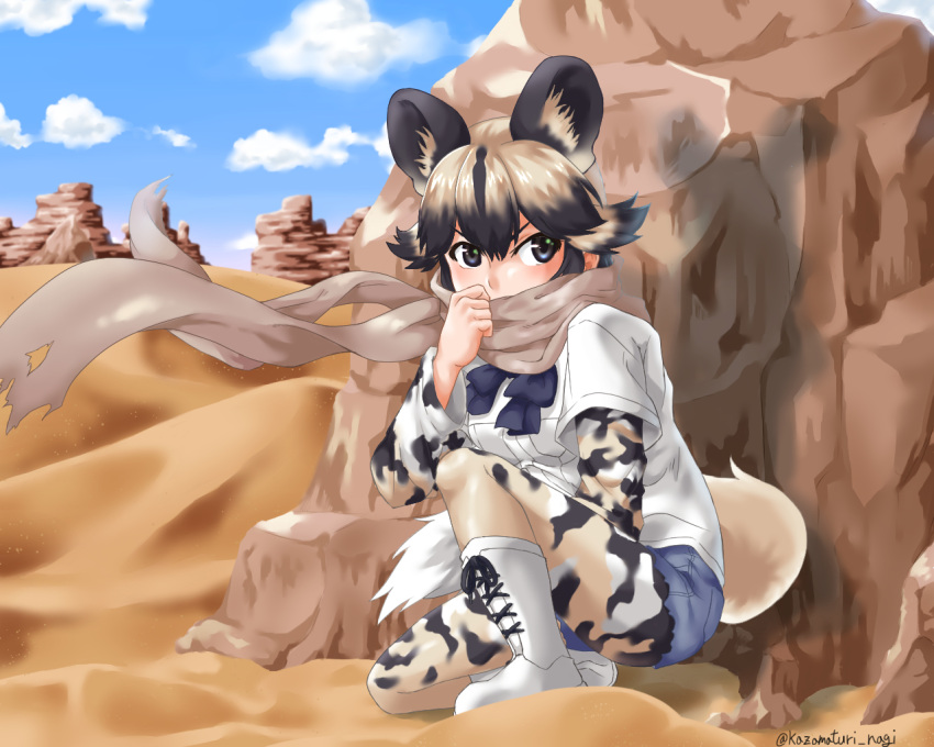 african_wild_dog_(kemono_friends) african_wild_dog_ears african_wild_dog_print african_wild_dog_tail animal_ears artist_request boots bow bowtie denim denim_shorts desert kemono_friends scarf shorts tail