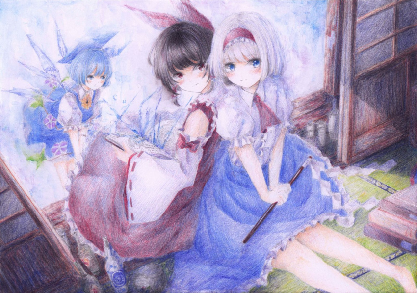 3girls alice_margatroid alternate_costume back-to-back barefoot black_hair blonde_hair blue_dress blue_eyes blue_hair blue_skirt blush book book_stack bottle bow cirno colored_pencil_(medium) darkkanan detached_sleeves dress dutch_angle expressionless flower frilled_shirt frills from_above gohei hair_bow hair_tubes hairband hakurei_reimu hands_on_lap hands_together highres indoors lolita_hairband looking_at_viewer looking_back morning_glory multiple_girls open_book outstretched_leg pastel_(medium) puffy_short_sleeves puffy_sleeves red_eyes ribbon-trimmed_sleeves ribbon_trim shirt short_hair short_sleeves sitting skirt skirt_set sliding_doors sunflower tatami touhou traditional_media watercolor_(medium) white_shirt wings
