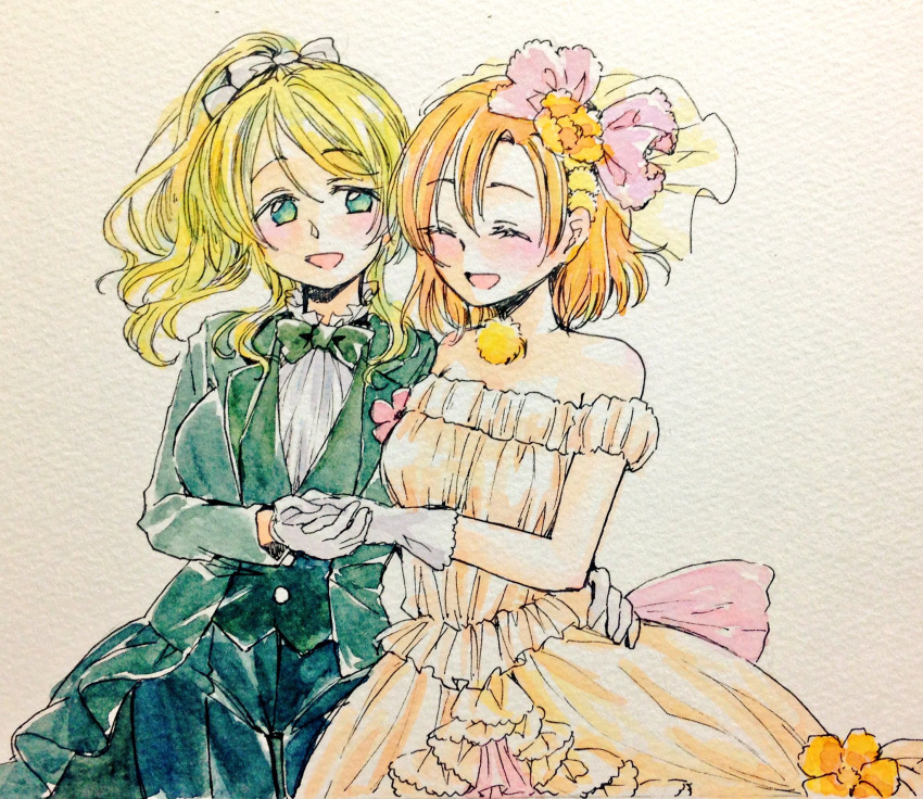2girls ^_^ artist_request ayase_eli bangs black_bow black_bowtie blonde_hair blue_eyes blush boutonniere bow bowtie closed_eyes commentary_request dress flower formal frilled_shirt_collar frills gloves hair_bow hair_flower hair_ornament hand_holding highres kousaka_honoka long_sleeves looking_at_another love_live! love_live!_school_idol_project love_wing_bell multiple_girls open_mouth orange_hair ponytail smile suit traditional_media veil watercolor_(medium) wedding_dress white_bow white_gloves yuri
