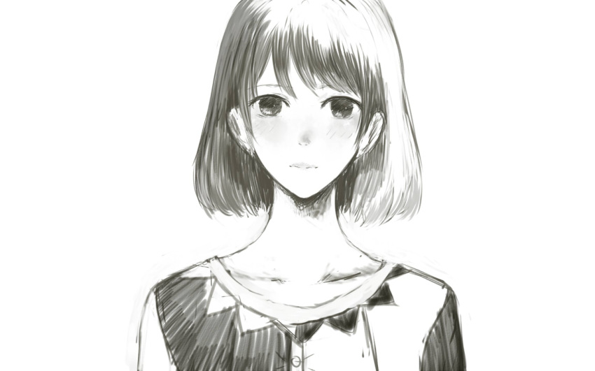 1girl bangs blush bob_cut close-up closed_mouth collarbone commentary_request dress greyscale looking_at_viewer monochrome original sakimori_(hououbds) short_hair simple_background solo white_background