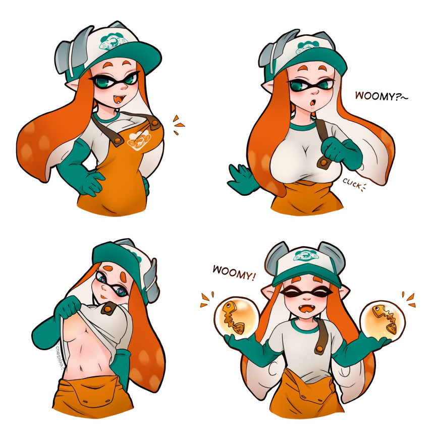 1girl breasts cheshikk clothes domino_mask downscaled eyebrows gloves golden_egg green_eyes heart heart-shaped_pupils highres humor inkling large_breasts looking_at_viewer mask md5_mismatch nintendo resized salmon_run simple_background small_breasts smile solo splatoon splatoon_2 symbol-shaped_pupils tentacle_hair tongue tongue_out under_boob