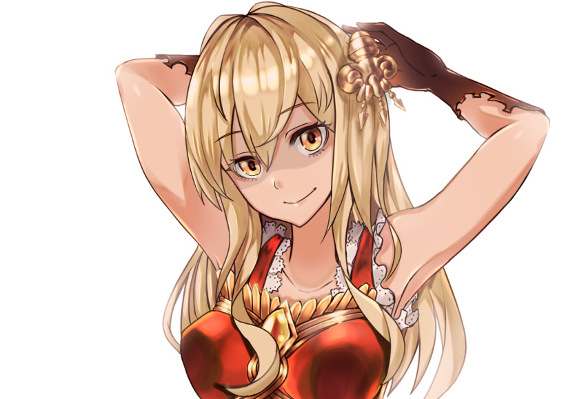 10s blonde_hair breasts dress gloves granblue_fantasy hair_ornament long_hair looking_at_viewer orange_eyes smile solo vira white_background