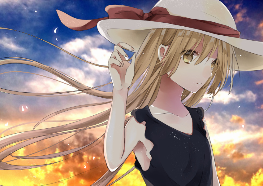 1girl absurdres arm_up blonde_hair brown_eyes collarbone eyebrows_visible_through_hair hachimitsu_honey hat hat_ribbon highres long_hair looking_at_viewer original parted_lips red_ribbon ribbon solo