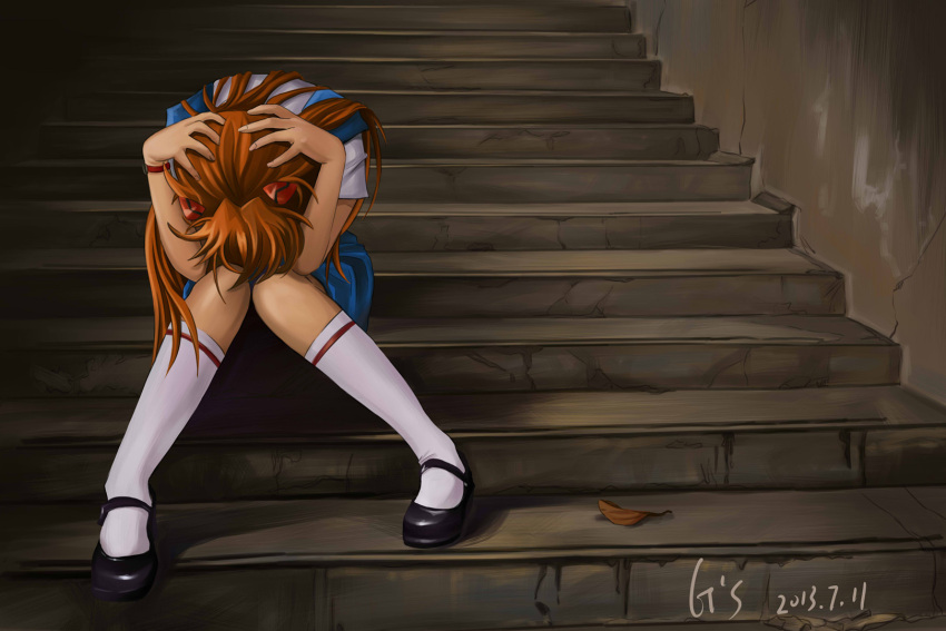 2013 dated highres holding_head kneehighs knees_together_feet_apart long_hair neon_genesis_evangelion redhead school_uniform sitting sitting_on_stairs sorandia souryuu_asuka_langley stairs