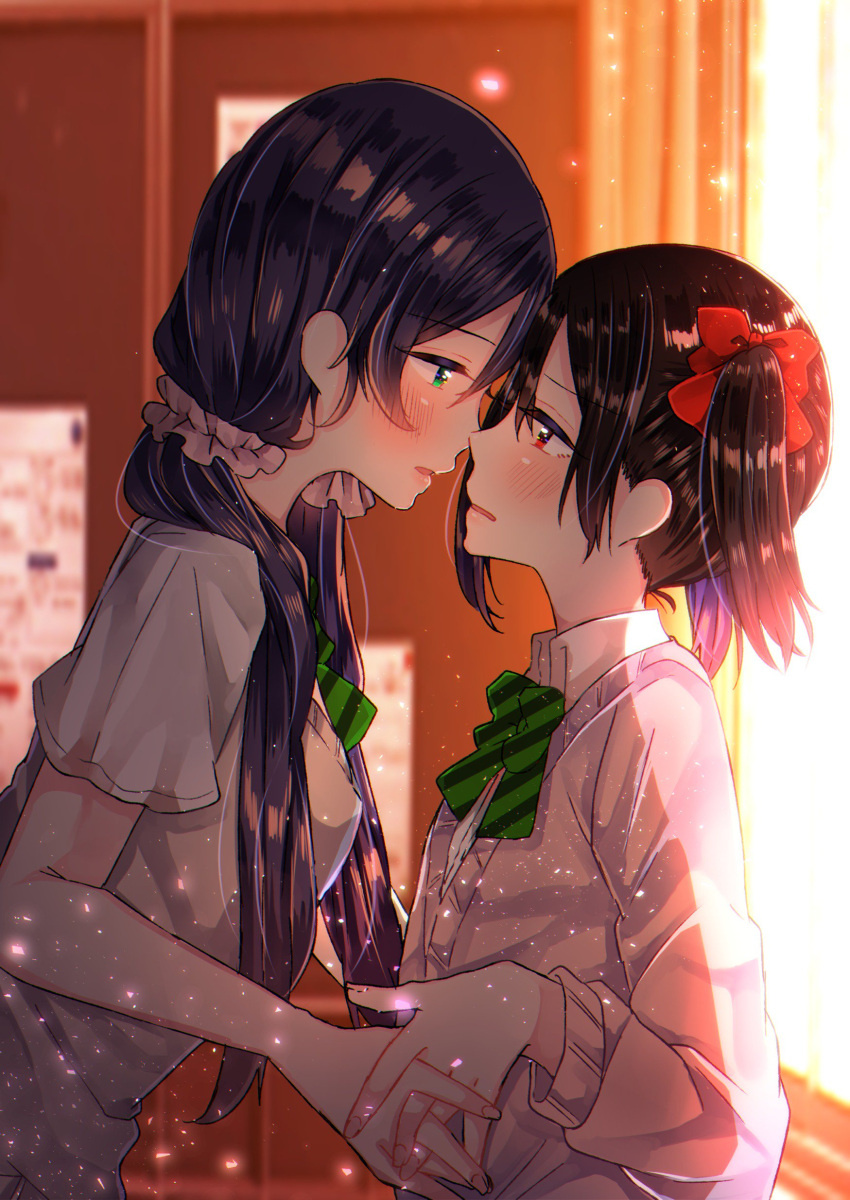2girls absurdres bjcrk453 black_hair blurry blurry_background blush bow bowtie commentary_request eye_contact face-to-face green_bow green_bowtie green_eyes hair_bow hand_holding highres long_hair long_sleeves looking_at_another love_live! love_live!_school_idol_project low_twintails multiple_girls open_mouth pink_cardigan pink_scrunchie purple_hair red_bow red_eyes school_uniform shade short_sleeves striped striped_bow striped_bowtie toujou_nozomi twintails upper_body window yazawa_nico yuri