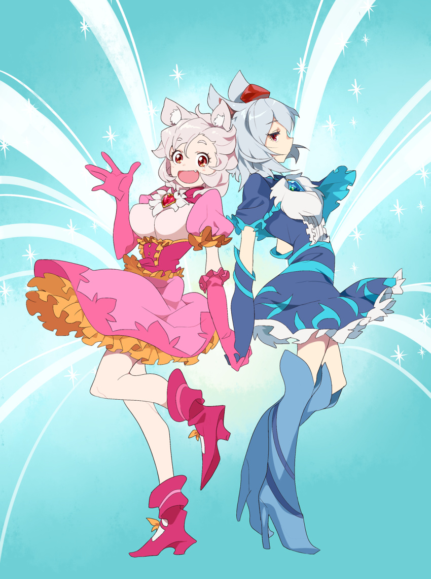 2girls 58.2kg animal_ears blue_gloves blush breasts closed_mouth cookie_(touhou) dog_ears elbow_gloves eyebrows_visible_through_hair gloves grey_hair hat high_heels highres holding_hand inu_(cookie) inubashiri_momiji large_breasts looking_at_viewer multiple_girls open_mouth pink_gloves red_eyes red_hat short_hair smile tokin_hat touhou web_(cookie) white_hair