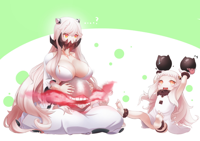 2girls ? absurdres anklet barefoot bracelet breasts collarbone covered_mouth dress feet_up floating_fortress_(kantai_collection) full_body highres horns jewelry jiguang_zhi_aoluola kantai_collection kneeling large_breasts long_hair midway_hime multiple_girls northern_ocean_hime open_mouth pale_skin red_eyes shinkaisei-kan sitting spoken_question_mark tongue tongue_out veins very_long_hair white_dress white_hair