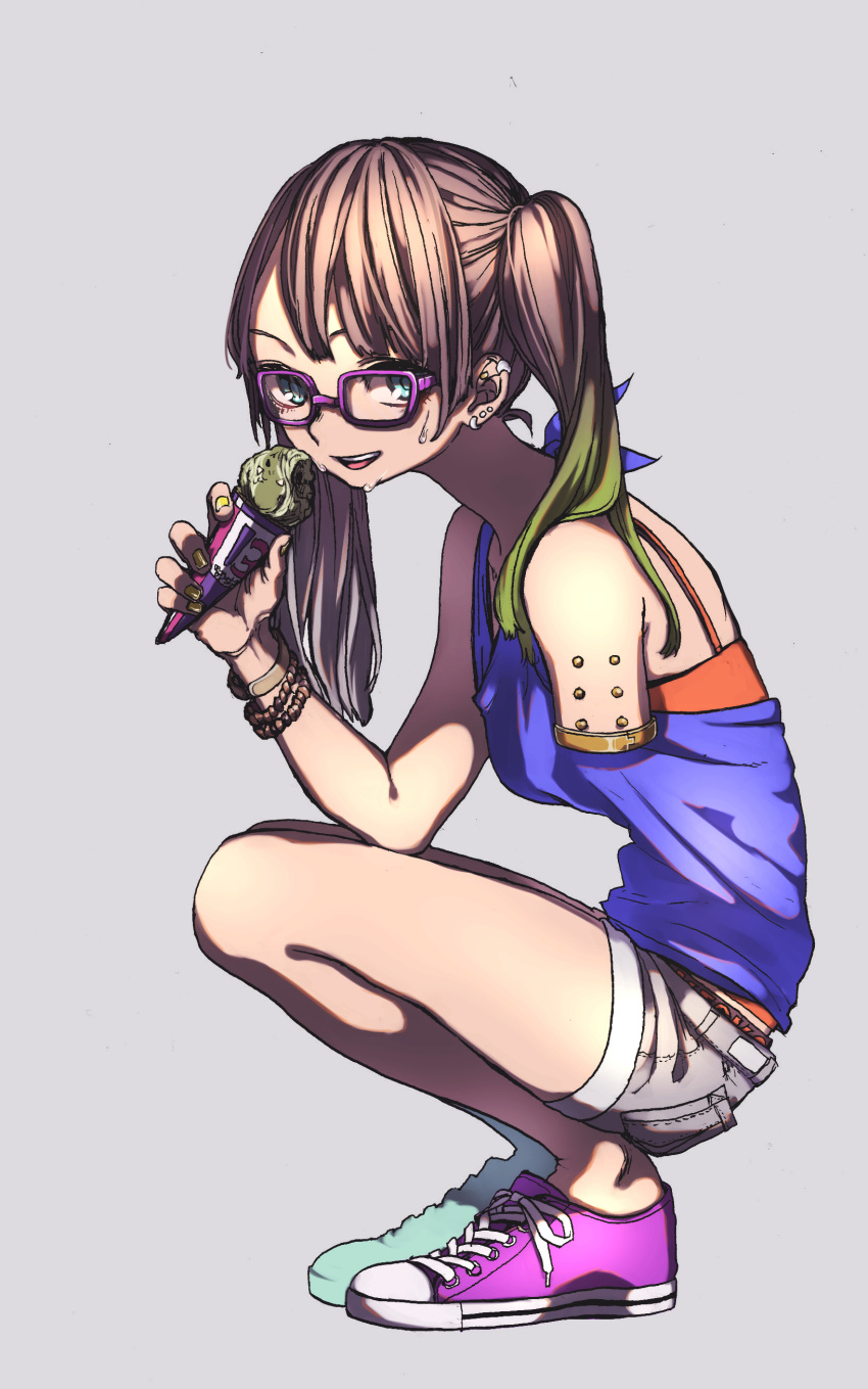 blue_eyes bra converse ear_piercing food from_side gradient_hair green_hair ice_cream long_hair looking_at_viewer multicolored_hair open_mouth orange_bra panty_peek pink_hair purple-framed_eyewear short_shorts tank_top usasaki_shiro