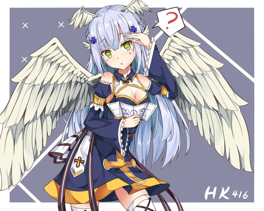 ? ai_cao alternate_costume blue_hair breasts character_name cleavage detached_sleeves girls_frontline green_eyes hair_ornament hairclip highres hk416_(girls_frontline) long_hair map salute solo wings