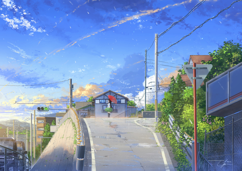 1girl artist_name background black_hair breasts car green_skirt ground_vehicle highres holding holding_umbrella large_breasts long_hair looking_away motor_vehicle niko_p original power_lines rain road road_sign scenery sign signature skirt solo thigh-highs traffic_light umbrella