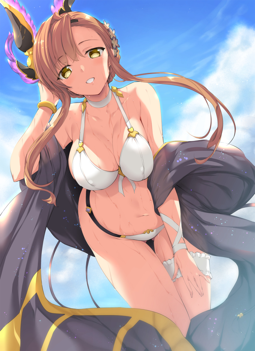 10s 1girl adjusting_hair bare_shoulders bent_over bikini braid breasts brown_hair cleavage clouds erect_nipples granblue_fantasy groin hair_ornament highres looking_down nakano_sora navel sky solo song_(granblue_fantasy) swimsuit wet yellow_eyes