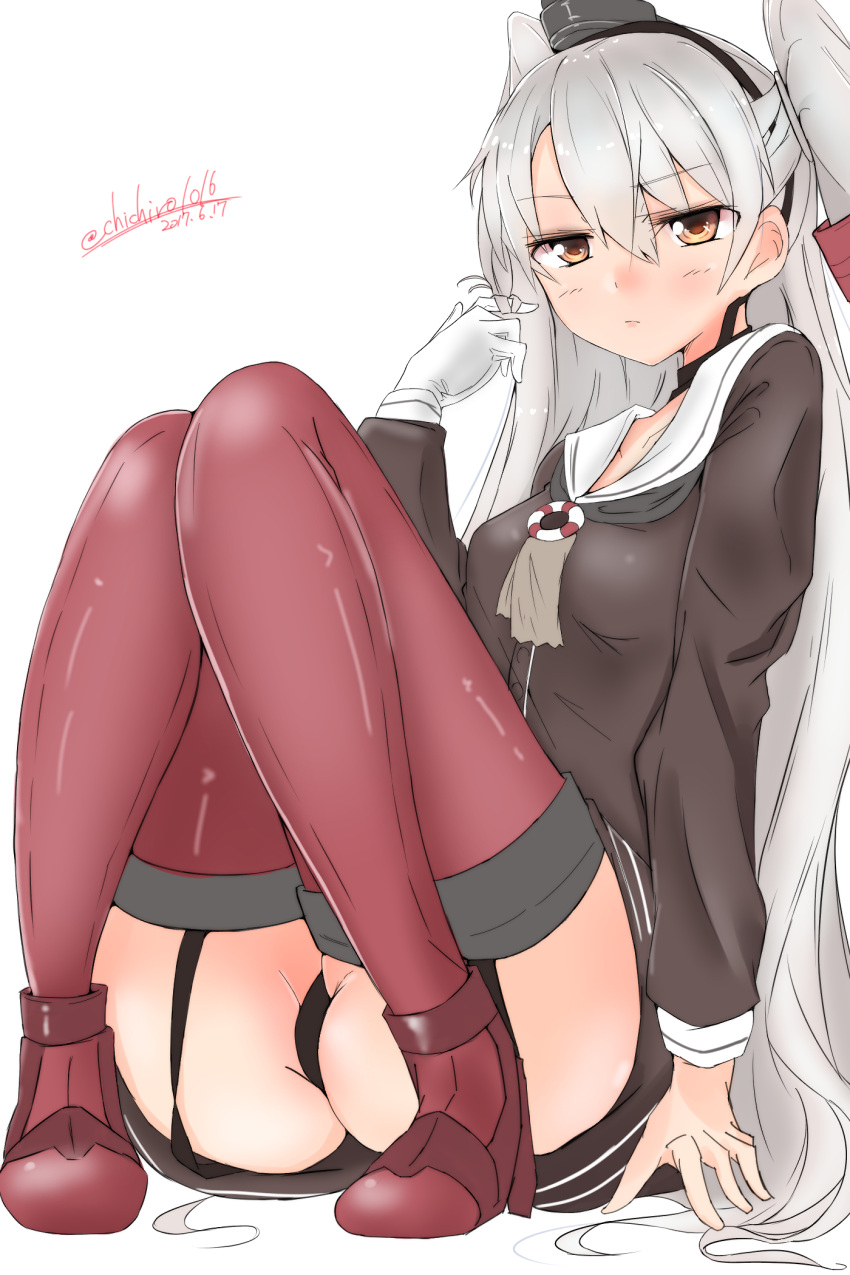 1girl amatsukaze_(kantai_collection) arm_support ass ass_support black_panties brown_eyes choker dated garter_straps gloves hair_tubes highres kantai_collection knees_up long_hair looking_at_viewer neckerchief oputon panties pantyshot pantyshot_(sitting) playing_with_own_hair red_legwear seamed_legwear side-seamed_legwear silver_hair simple_background sitting smokestack_hair_ornament solo thigh-highs thighs twintails twitter_username underwear very_long_hair white_background white_gloves