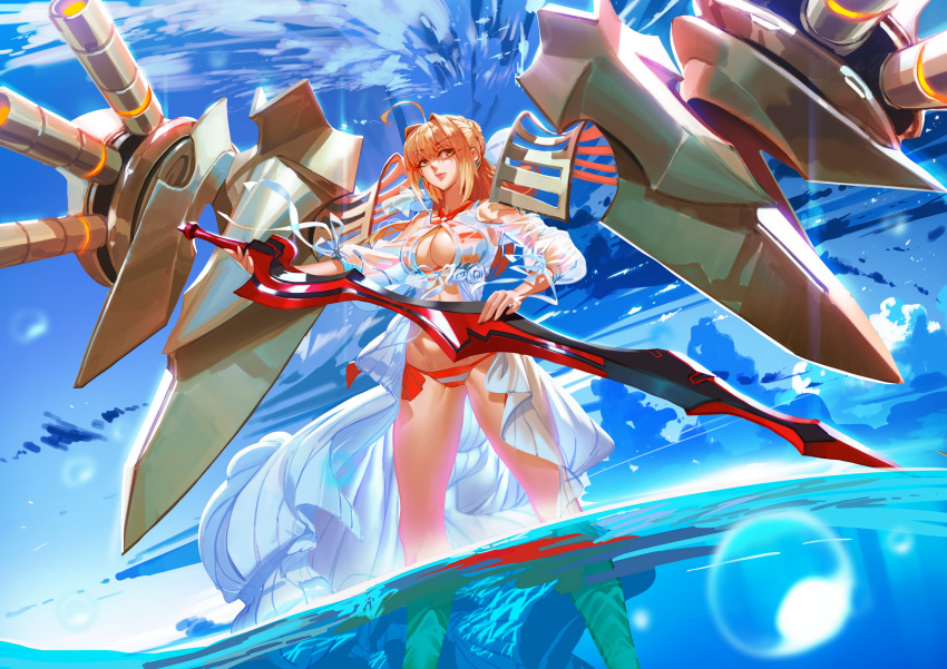 1girl aestus_estus ahoge bikini blonde_hair breasts cannon dress earrings fate/grand_order fate_(series) flower green_eyes hair_intakes halterneck highres jewelry jojaow large_breasts long_hair nero_claudius_(swimsuit_caster)_(fate) ocean rose saber_extra see-through sky solo standing striped striped_bikini swimsuit twintails wading water white_dress white_rose