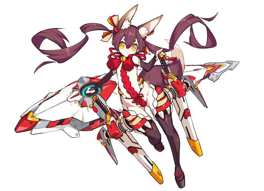 1girl absurdres animal_ears bell black_gloves black_legwear bridal_gauntlets brown_hair commentary_request elbow_gloves eyebrows_visible_through_hair flower fox_tail full_body gloves hair_between_eyes highres jingle_bell kaki_gohri long_hair looking_at_viewer mecha_musume original sheath simple_background solo sword tail tassel thick_eyebrows thigh-highs twintails weapon white_background yellow_eyes