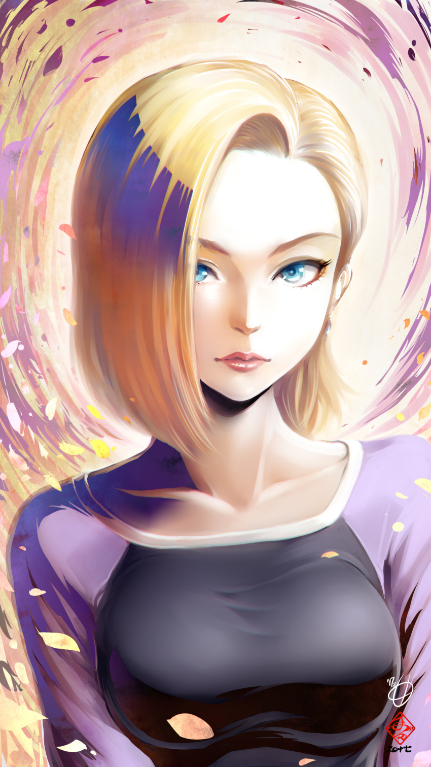 1girl absurdres android_18 blonde_hair blue_eyes breasts dragon_ball dragonball_z hair_over_one_eye highres leaf lips looking_at_viewer medium_breasts short_hair solo tete_(amakuchichiyoko) upper_body