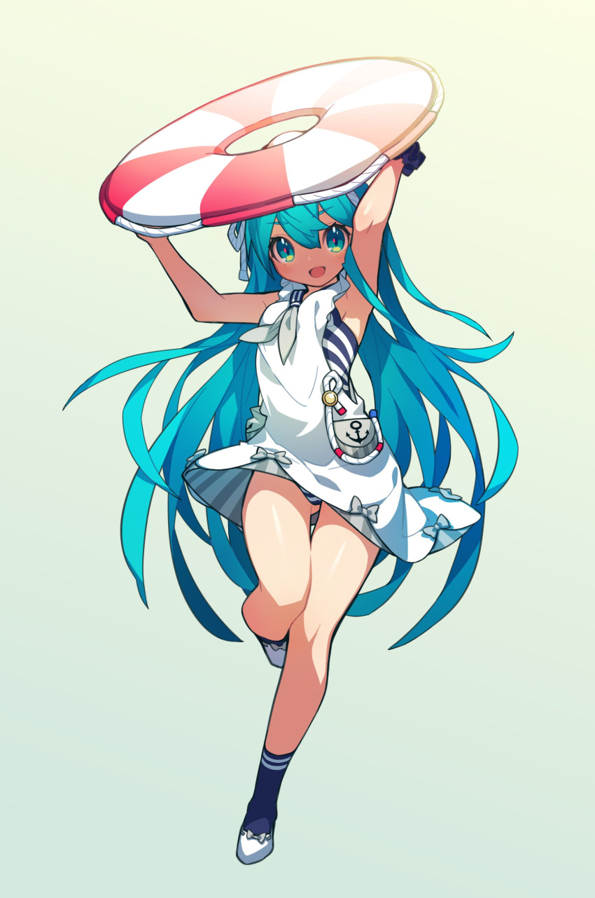 1girl absurdres anchor_symbol aqua_eyes aqua_hair armpits arms_up bare_arms bare_legs blue_legwear bow dress full_body grey_bow hatsune_miku highres innertube kaki_gohri long_hair looking_at_viewer neckerchief shoe_bow shoes short_dress smile socks solo striped striped_swimsuit swimsuit swimsuit_under_clothes very_long_hair vocaloid white_dress white_shoes