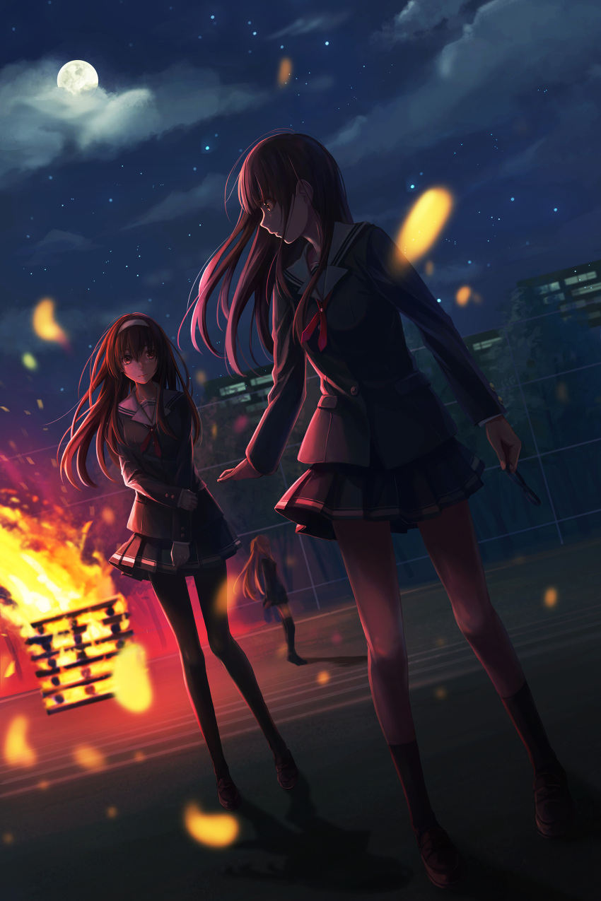 absurdres blonde_hair brown_hair building burning clouds commentary embers fire flame glasses hairband hand_on_own_arm highres holding holding_glasses kasumigaoka_utaha katou_megumi long_hair looking_at_another looking_back moon neckerchief night night_sky outstretched_arm pantyhose red_neckerchief redpoke saenai_heroine_no_sodatekata sawamura_spencer_eriri school_uniform shoes sky socks standing star_(sky) starry_sky wide-eyed