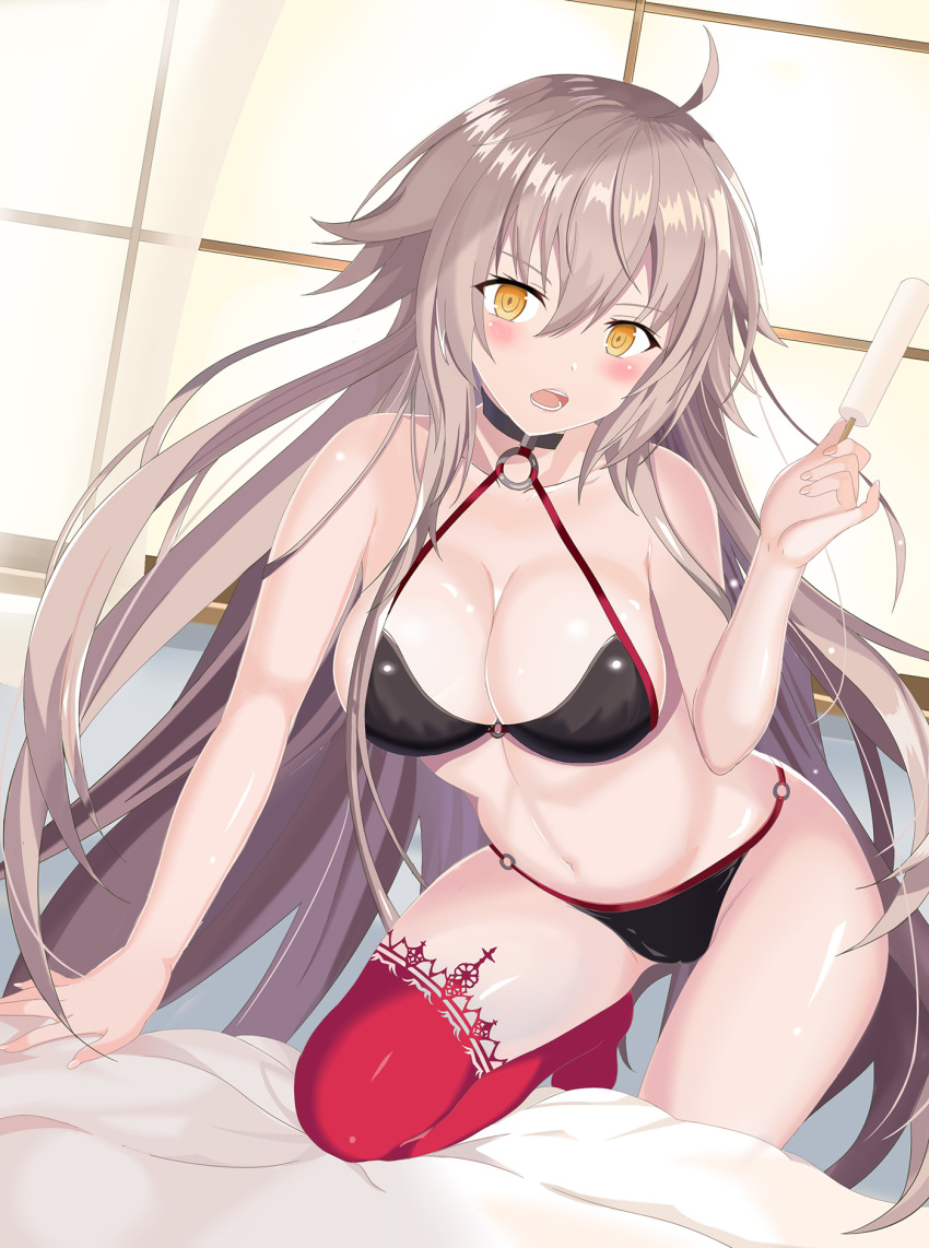 1girl ahoge bed bedroom bikini blush breasts dutch_angle fate/grand_order fate_(series) food highres jeanne_d'arc_(alter_swimsuit_berserker) jeanne_d'arc_(fate)_(all) kirisameaoto large_breasts long_hair looking_at_viewer navel o-ring o-ring_bikini open_mouth popsicle red_legwear silver_hair solo swimsuit very_long_hair yellow_eyes