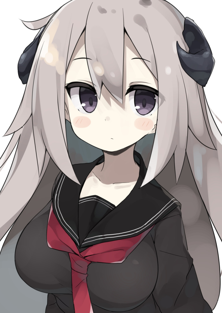 1girl abarabone absurdres arms_at_sides bangs black_serafuku blush blush_stickers breasts closed_mouth eyebrows_visible_through_hair grey_hair hair_between_eyes highres horns large_breasts long_hair looking_at_viewer neckerchief original red_neckerchief school_uniform serafuku sidelocks simple_background solo tsurime upper_body violet_eyes white_background