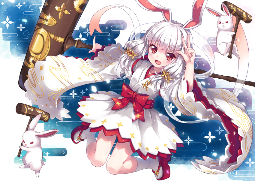 1girl :3 absurdres animal_ears blush character_request copyright_request eyebrows_visible_through_hair highres kneehighs looking_at_viewer mallet medium_hair north_abyssor open_mouth rabbit rabbit_ears red_eyes sandals smile solo v white_hair white_legwear