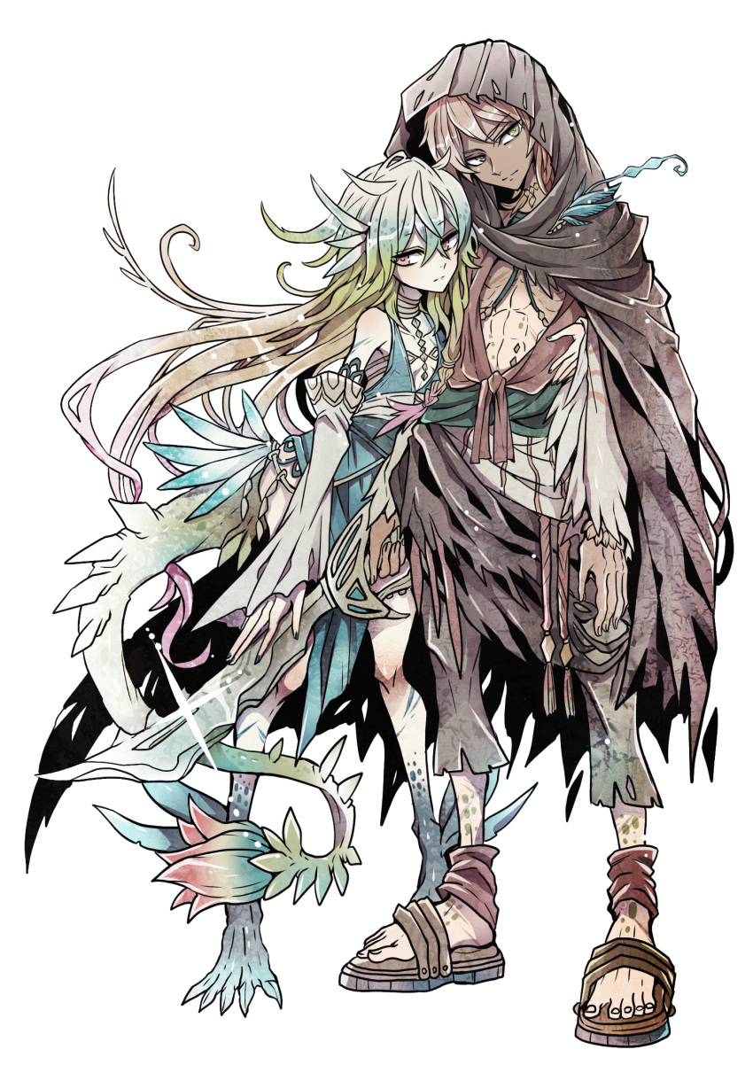 1boy 1girl abs aqua_hair blonde_hair brown_hair claws dark_skin detached_sleeves expressionless eyebrows_visible_through_hair flat_chest full_body green_eyes highres holding holding_sword holding_weapon hood leaning_on_person long_hair monster_girl multicolored_hair original pink_eyes sandals scales sword tail torn_clothes towa-darkmistic weapon