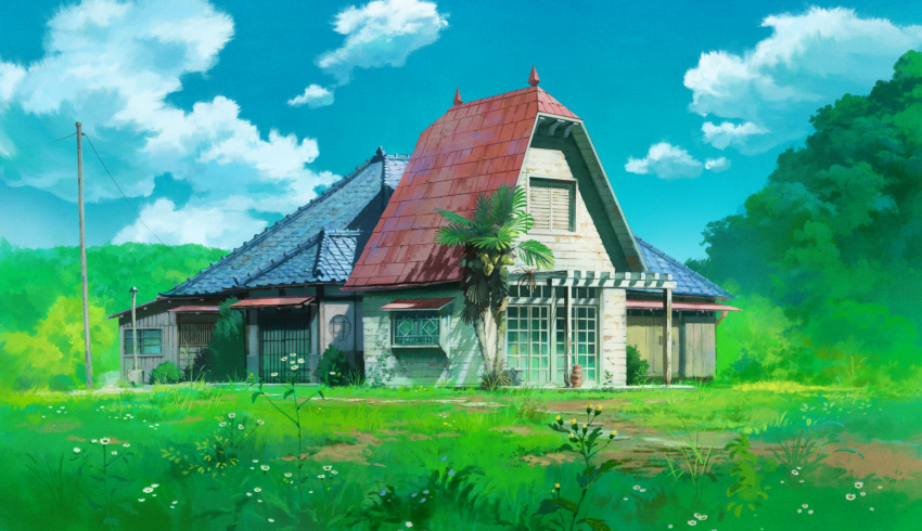 blue_sky building clouds cloudy_sky commentary_request day door grass highres hosoi_mikio house no_humans outdoors palm_tree path photoshop plant porch power_lines road scenery sky studio_ghibli tree utility_pole window