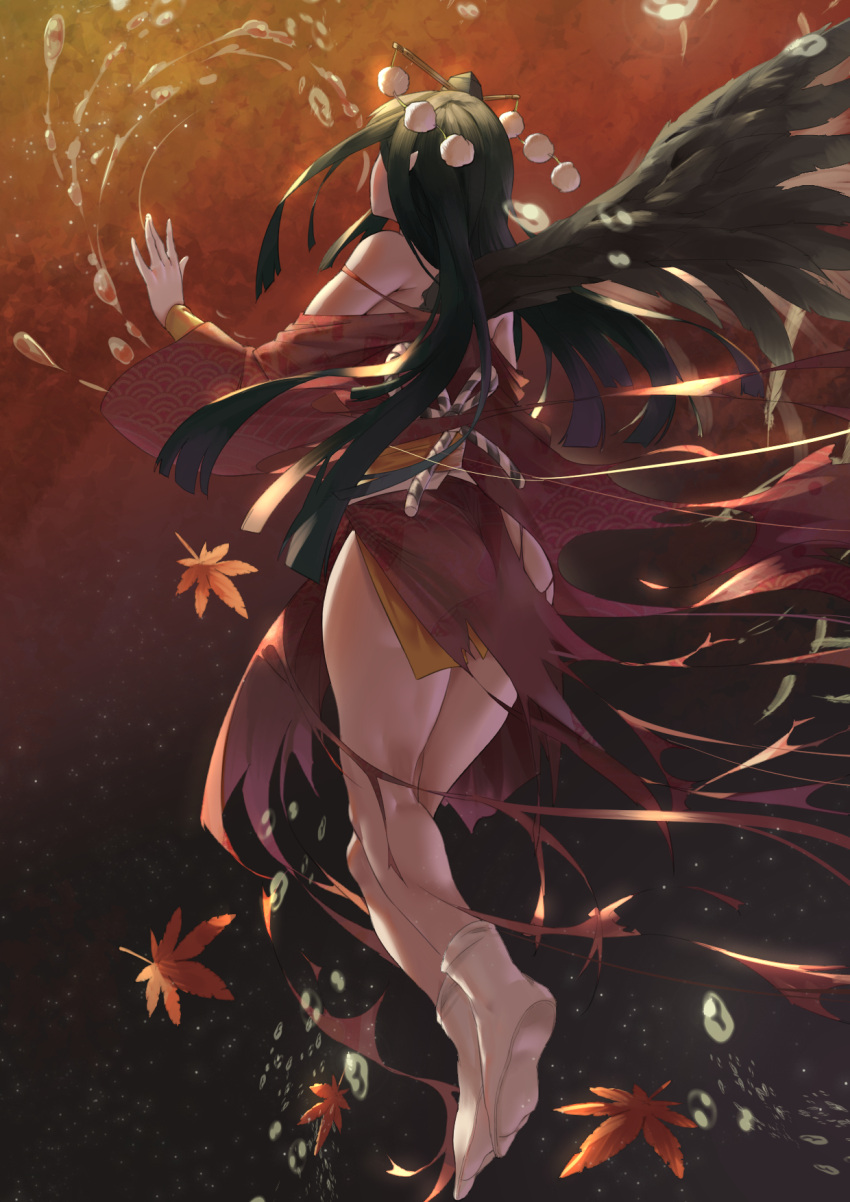 1girl ass bare_shoulders bird_wings black_hair black_wings dead_or_alive dead_or_alive_5 from_behind full_body hat highres hime_cut japanese_clothes kimono leaf long_hair long_sleeves maple_leaf nyotengu pom_pom_(clothes) solo tabi tokin_hat torn_clothes torn_kimono very_long_hair white_legwear wide_sleeves wings worldless