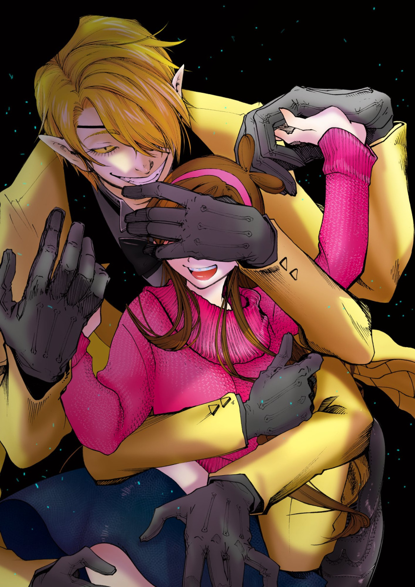 1boy 1girl arms_around_waist bill_cipher black_background blonde_hair bow bowtie braces brown_hair covering_eyes dancing floating formal gloves gravity_falls grey_shirt grin hair_over_one_eye hairband half-closed_eye hand_holding happy hat highres hug humanization laughing long_hair looking_at_viewer mabel_pines melon_(melon_cream_soda) midriff multiple_arms navel one_eye_closed open_mouth pointy_ears possessive shirt size_difference skirt skirt_lift slit_pupils smile smirk suit sweater teeth top_hat turtleneck white_background yellow_sclera yellow_suit