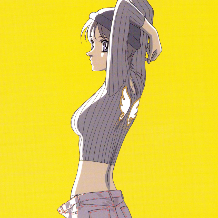 1girl arms_up blue_eyes brown_hair clothes_writing denim hat highres jeans kanzaki_hitomi long_sleeves midriff official_art pants short_hair simple_background solo tenkuu_no_escaflowne unbuttoned_pants wing_print yellow_background yuuki_nobuteru