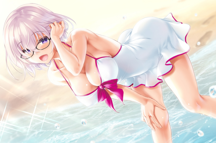 1girl :d arm_up ass beach black-framed_eyewear breasts bright_pupils casual_one-piece_swimsuit cleavage day dutch_angle eyebrows_visible_through_hair fate/grand_order fate_(series) glasses hair_tucking hand_on_own_knee kure_masahiro large_breasts looking_at_viewer one-piece_swimsuit open_mouth outdoors purple_hair see-through_silhouette shielder_(fate/grand_order) short_hair smile solo sparkle strap_gap sunlight swimsuit violet_eyes white_pupils white_swimsuit